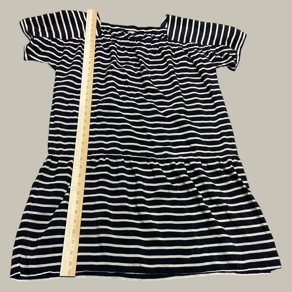 J.Crew 100% Silk Drop Waist Mini Dress Sheer Navy‎ Blue White Striped Womens L - Picture 6 of 11